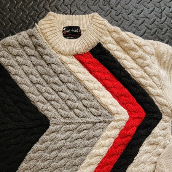 Vintage 100% Wool Cable Knit Ski Sweater, White Black Red Chevron Pattern, XL - Picture 4 of 16